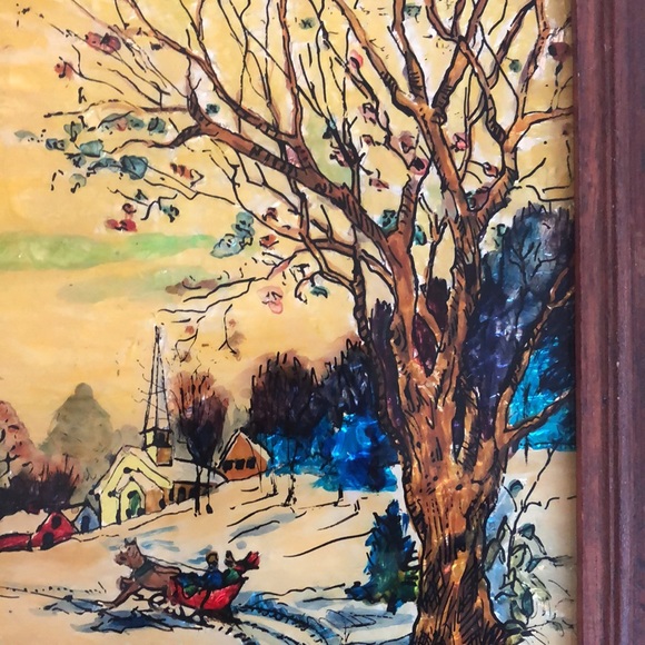 Vintage 1976 Tinsel Foil Reverse painting - winter scene - Picture 4 of 7